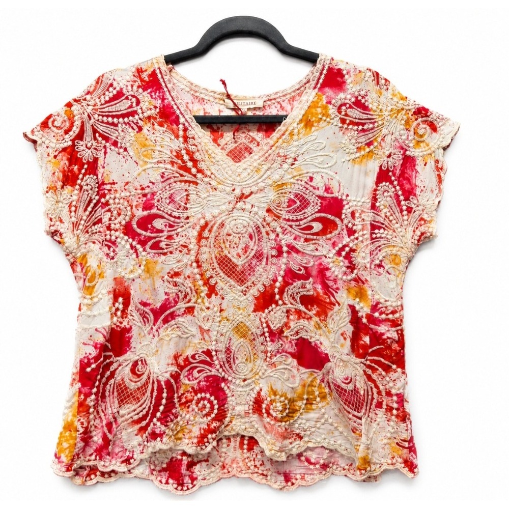 Solitaire Embroidered Tie Dye Blouse Medium Red Orange White Boho VTG Style Top